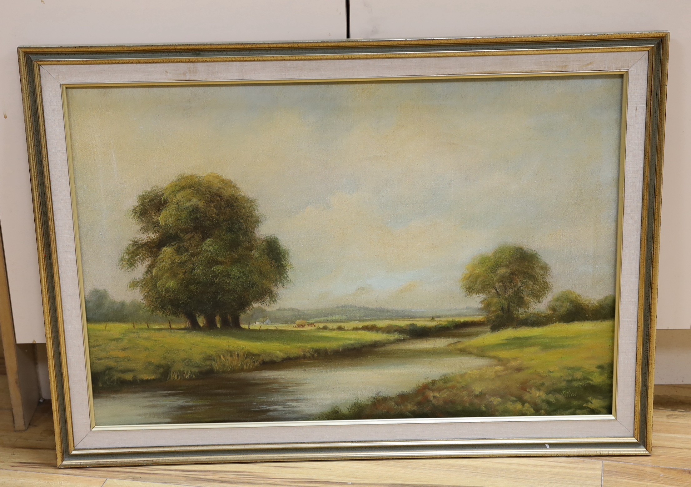 Millar, oil on canvas, River landscape with harvesters, signed, 50 x 75cm